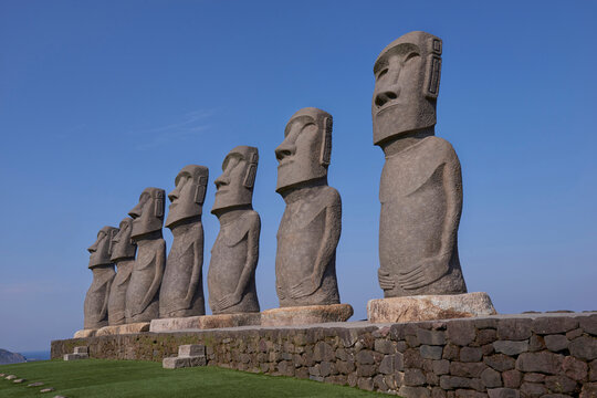 Moai Statue Replicas Displayed at Outdoor Tourist Attraction in Japan
