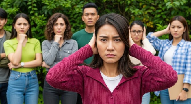 Woman covering ears with hands looking frustrated with group behind her
