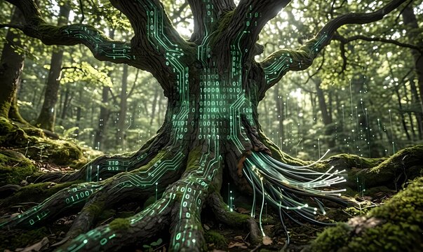 Futuristic Green Technology Tree With Glowing Circuit Board Matrix