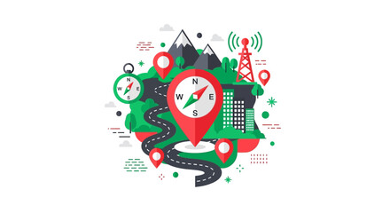 Naklejka premium GPS Navigation and Travel Planning Vector Illustration with Map Pins, Compass, Winding Road, City and Mountains Concept