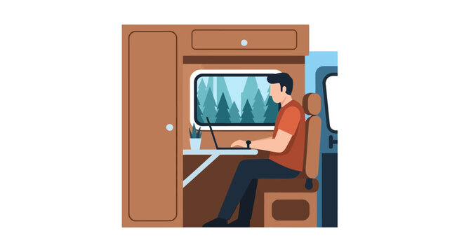 Digital Nomad Working on Laptop Inside Camper Van with Forest View Illustration. Modern Remote Work and Van Life Concept.