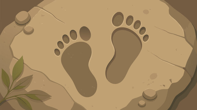 Stylized generic human footprints impressed into a textured stone surface, a symbolic flat vector illustration representing history, prehistoric discovery, human presence, and the path ahead.