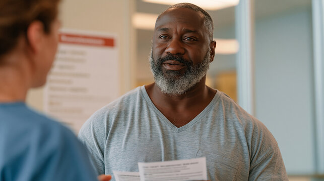 Middle-aged veteran at a VA community clinic holds printed informational materials about Gulf War illness, speaking with a nurse practitioner beside a poster listing neurological
