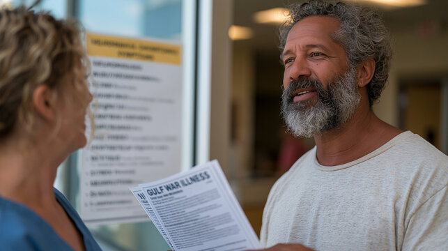 Middle-aged veteran at a VA community clinic holds printed informational materials about Gulf War illness, speaking with a nurse practitioner beside a poster listing neurological