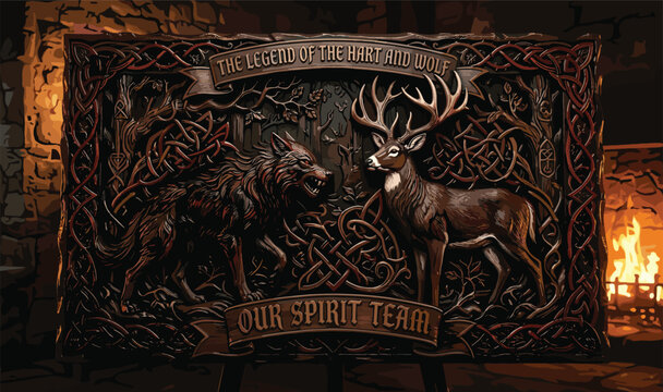 Detailed wooden carving illustration of wolf and stag, Celtic knotwork, fantasy tavern background, digital pixel art design, spirit animal legend