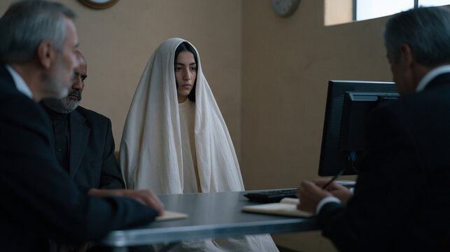 A teenage Afghan girl sits rigidly upright across a metal desk during an asylum interview, her uncle interpreting beside her, a government officer typing notes on a desktop