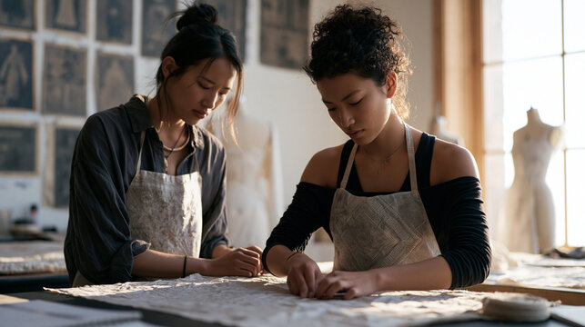 Fashion design students in a minimalist studio pinning hand-painted silk panels onto dress forms referencing Hmong paj ntaub embroidery patterns, mood boards of historical