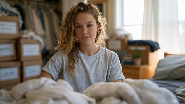 Teenager sorting clothes into donation bags during spring cleaning transformation in a cramped suburban bedroom, labeled boxes stacked by the closet, a satisfying before-and-after