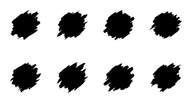 Abstract Black Brush Stroke Circles, Textured Ink Splatter Elements, Grunge Paint Blotches, Artistic Hand-Drawn Shapes for Design Projects