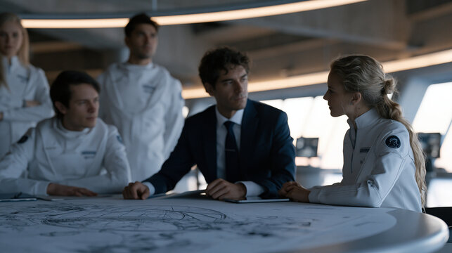 Architectural rendering studio where aerospace engineers and habitat designers collaborate around large curved table covered with lunar base blueprints featuring pressurized dome