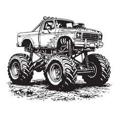 Iron Mammoth Monster Truck Illustration, Detailed Vintage 4x4 Offroad Vehicle Sketch © trianatio
