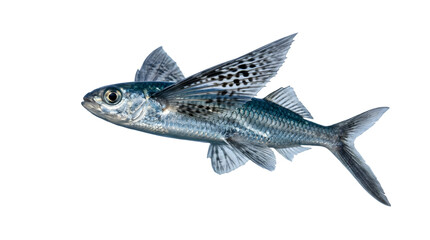 Naklejka premium A flying fish glides through the air, its fins spread wide like wings, showcasing its incredible adaptation for aerial movement isolated PNG Transparent or white Background