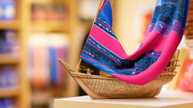 Striped kikoy cloth draped over carved wooden dhow model on store shelf, rich fabric texture, soft ambient light