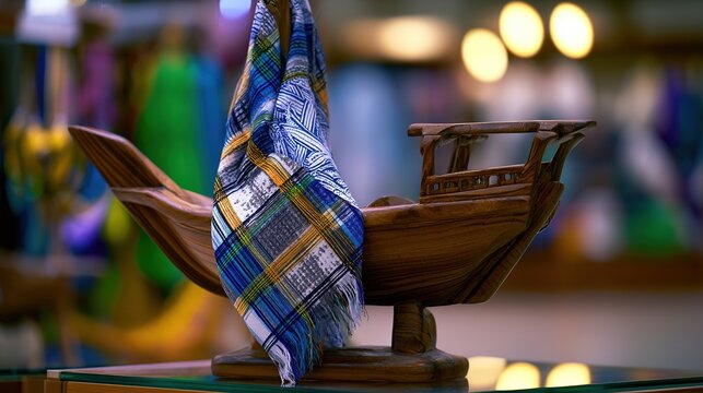 Carved wooden dhow model covered with colorful kikoy cloth on shop shelf, ethnic patterns and handwork, warm light