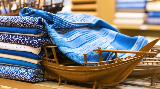 Kikoy cloth draped over carved dhow model on retail shelf with geometric patterns, clear product display, ample copy space