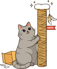Obraz premium Cute gray tabby cat scratching a new sisal post toy with scratching furniture behavior domestic illustration