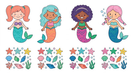 Fototapeta premium Cute cartoon mermaid character set with colorful fish tails and sea accessories flat vector collection for nursery prints
