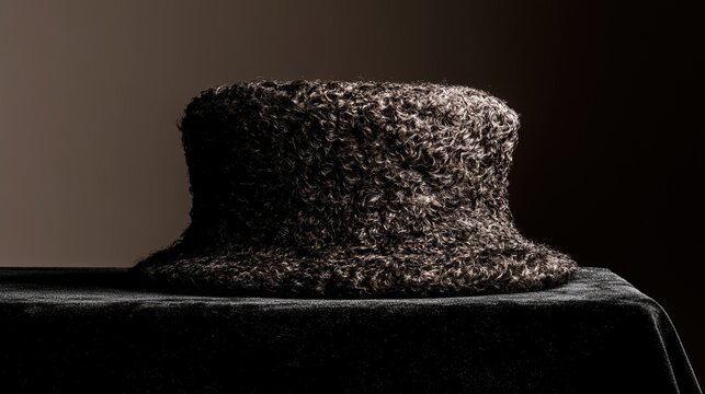 Karakul fur cap on dark velvet, curly hair texture and soft light, luxury winter accessory, minimal commercial still life