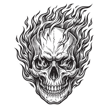 Flaming Human Skull Engraving, Detailed Vintage Biker T-Shirt Design