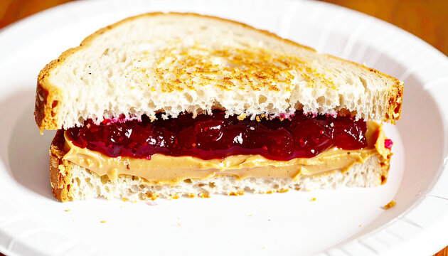 Peanut butter and jelly sandwich, white paper plate, closeup. AI
