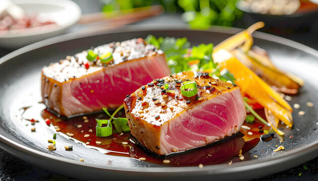 Fresh roasted tuna steak, Asian cuisine, fine dining. AI