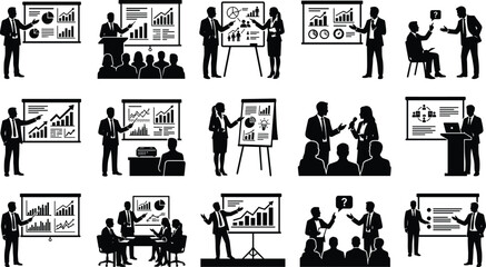 Obraz premium Business presentation silhouettes speaker giving training seminar with corporate report financial charts set