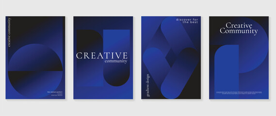 Fototapeta na wymiar Blue black abstract wall art poster templates vector set. Dark gradient striped cover designs with curved lines for modern interior decor, flyer and presentation layout.