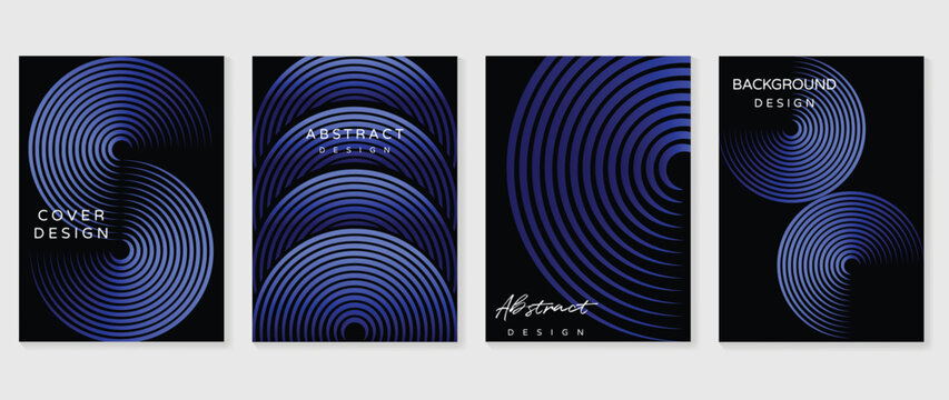 Blue black abstract wall art poster templates vector set. Dark gradient striped cover designs with curved lines for modern interior decor, flyer and presentation layout.
