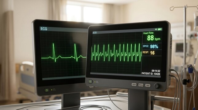 Unbranded medical ECG monitor displaying patient waking from coma rhythm