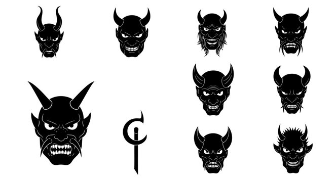 Set of Detailed Horned Demon Mask Icons Featuring Aggressive Expressions for Graphic Design Projects