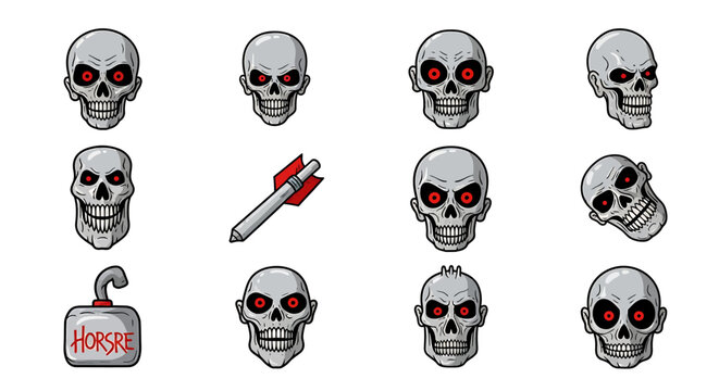 Set of creepy skull icons with glowing red eyes, featuring a rocket and a dynamite explosive, perfect for horror-themed games and designs
