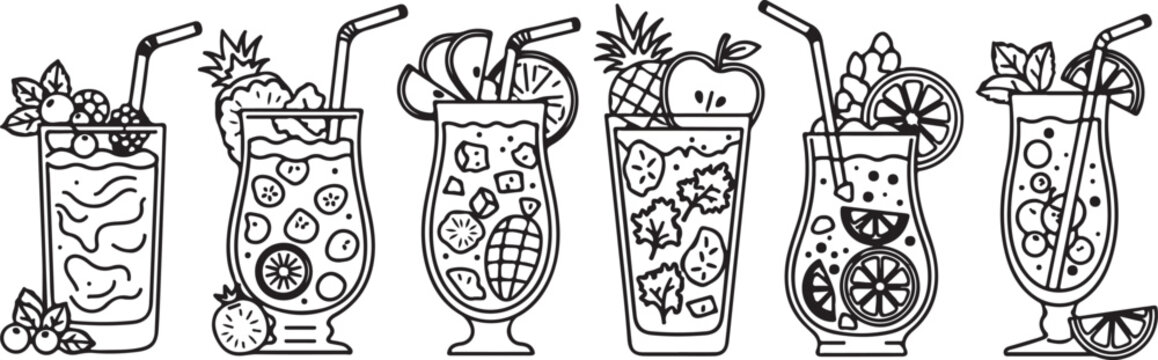 Five illustrated refreshing fruit drinks with straws in glasses Vector