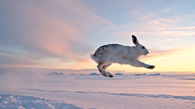 Arctic Hare Leaping Through Snowy Landscape at Dawn