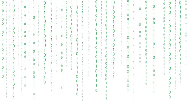 Abstract digital matrix background featuring binary code raining down in a flat vector style on a light backdrop, perfect for data stream, cybersecurity, programming, and futuristic technology.