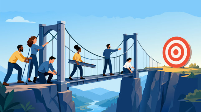 Collaborative business team working together to build a bridge across a wide gap to reach a target flat vector illustration symbolizing teamwork strategy and overcoming challenges.