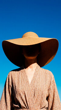 Woman in wide straw hat concealing her face against deep blue sky