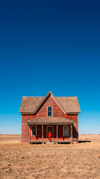 Tiny red figure beside weathered farmhouse in vast empty prairie