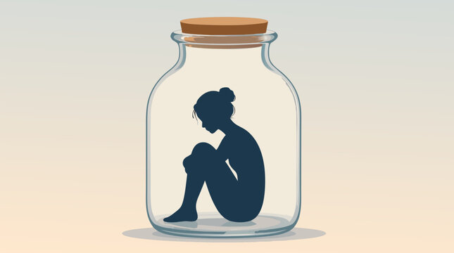 Human Silhouette Trapped Inside a Glass Jar, Flat Vector Illustration Representing Social Issues, Mental Health, Isolation, Confinement, Freedom Constraints, and Emotional Resilience.