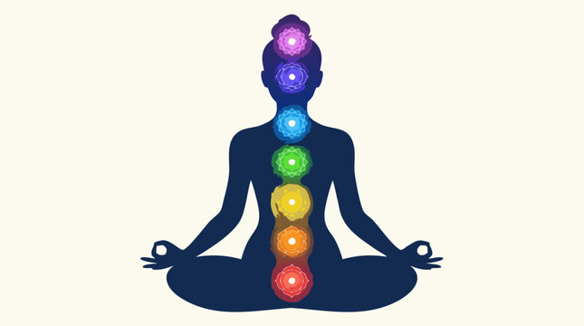 Meditating human silhouette with vibrant glowing energy chakras and aura in a flat vector style, spiritual wellness and holistic healing concept on a clean light background illustration.