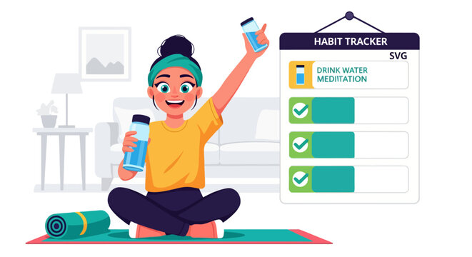 Happy woman tracking habits for a healthy lifestyle.