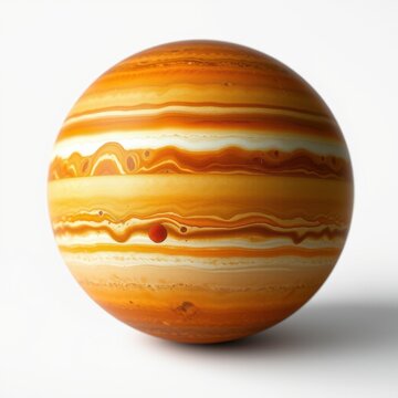 Planet Jupiter depiction. Swirling orange, brown, white bands visible. Great Red Spot prominent, spherical form dominates image.
