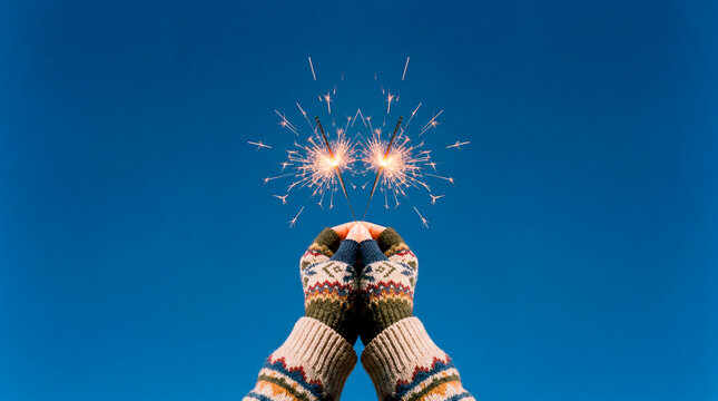 Mittened hands holding two sparklers against bright blue winter sky