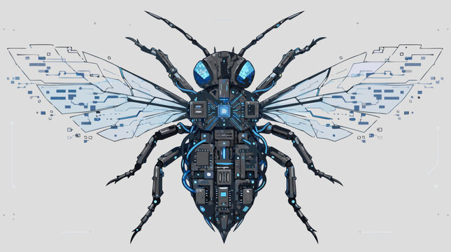 Futuristic cyber bug insect representing a software error or computer virus, flat vector illustration of digital glitch, technical vulnerability and cybersecurity threat concept on white space.