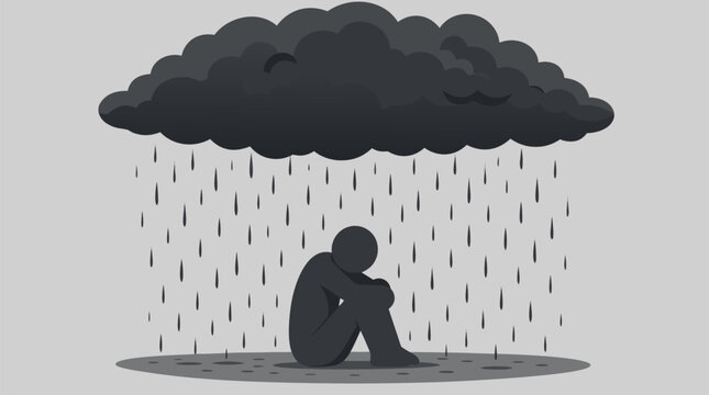Depressed Faceless Silhouette Character Sitting Dejectedly Under a Dark Raining Cloud, Emotional Concept of Sadness and Loneliness in a Clean Minimalist Flat Vector Illustration Style