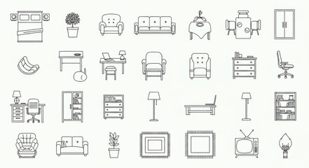 Fototapeta premium Collection of hand-drawn furniture and home decor icons.