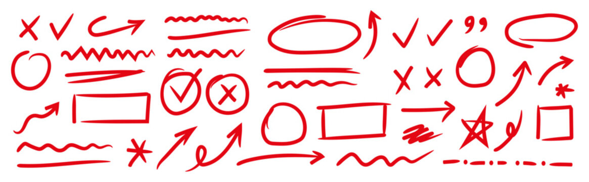 Line arrow hand drawn crayon set. Hand drawn line arrow crayon chalk paint red brush texture underline. Check doodle star curve squiggle zigzag graffiti blackboard background vector illustration.