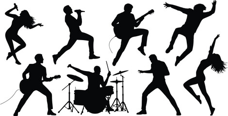 Obraz premium Energetic silhouettes of singers, guitarists, drummer, and dancers performing music concert with microphones, instruments, and dynamic dance movement illustration