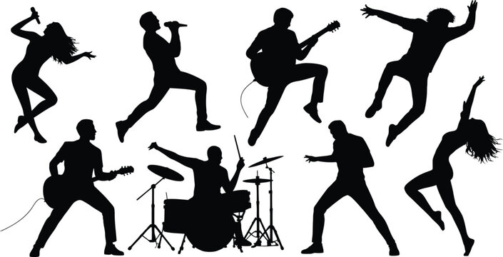 Energetic silhouettes of singers, guitarists, drummer, and dancers performing music concert with microphones, instruments, and dynamic dance movement illustration