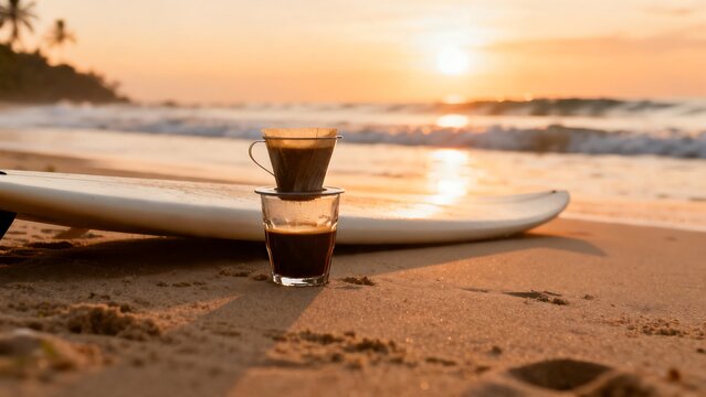 A serene beach moment with freshly brewed coffee stacked on a surfboard, bathed in the warm glow of a beautiful sunset over the ocean waves
