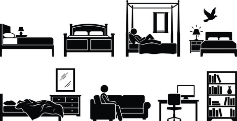 Bedroom furniture and interior living scene silhouettes collection with home decor vector illustration set © LT studio